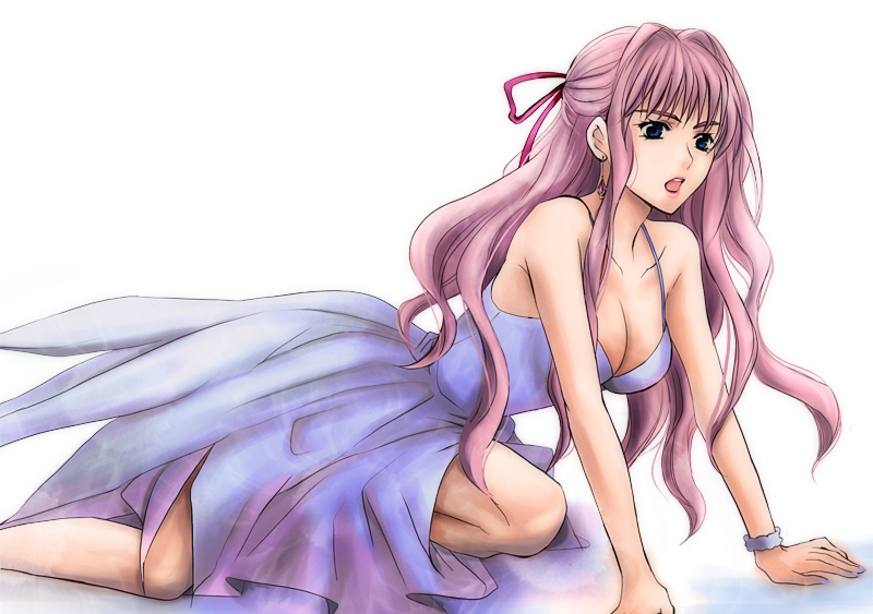 dcvermeer, sheryl nome, macross, macross frontier, bad id, bad pixiv id, 00s, 1girl, blue eyes, breasts, dress, earrings, female focus, hair ribbon, jewelry, long hair, pink hair, ribbon, solo, white background