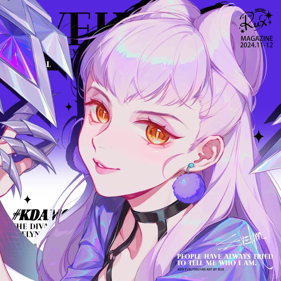 evelynn (league of legends), k/da (league of legends), k/da all out evelynn, league of legends, chinese commentary, commentary request, 1girl, artist name, black choker, character name, character signature, choker, earrings, english text, fake claws, gradient background, hand up, hashtag, jacket, jewelry, long hair, looking at viewer, official alternate costume, official alternate hair color, official alternate hairstyle, orange eyes, parted lips, pink lips, pom pom (clothes), pom pom earrings, portrait, purple background, purple hair, purple jacket, rux, smile, solo, two-tone background, two side up, white background