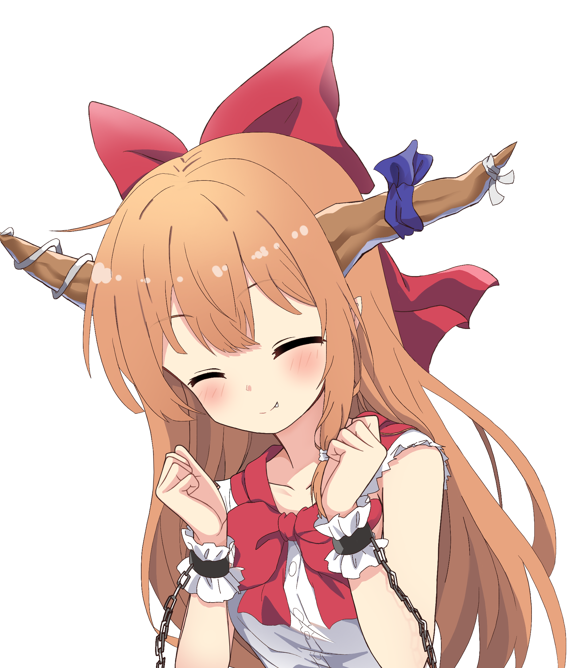 yige lurenjia, ibuki suika, touhou, commentary request, highres, 1girl, blue ribbon, blush, brown horns, closed eyes, closed mouth, fang, hair ribbon, horn ornament, horn ribbon, horns, long hair, orange hair, red ribbon, ribbon, shirt, simple background, sleeveless, sleeveless shirt, smile, solo, white background, white shirt