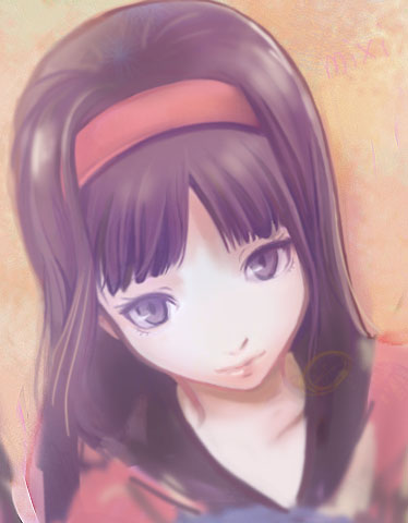 rasneko, amagi yukiko, atlus, persona, persona 4, bad id, bad pixiv id, lowres, black hair, hairband, headband, long hair, school uniform, smile, solo