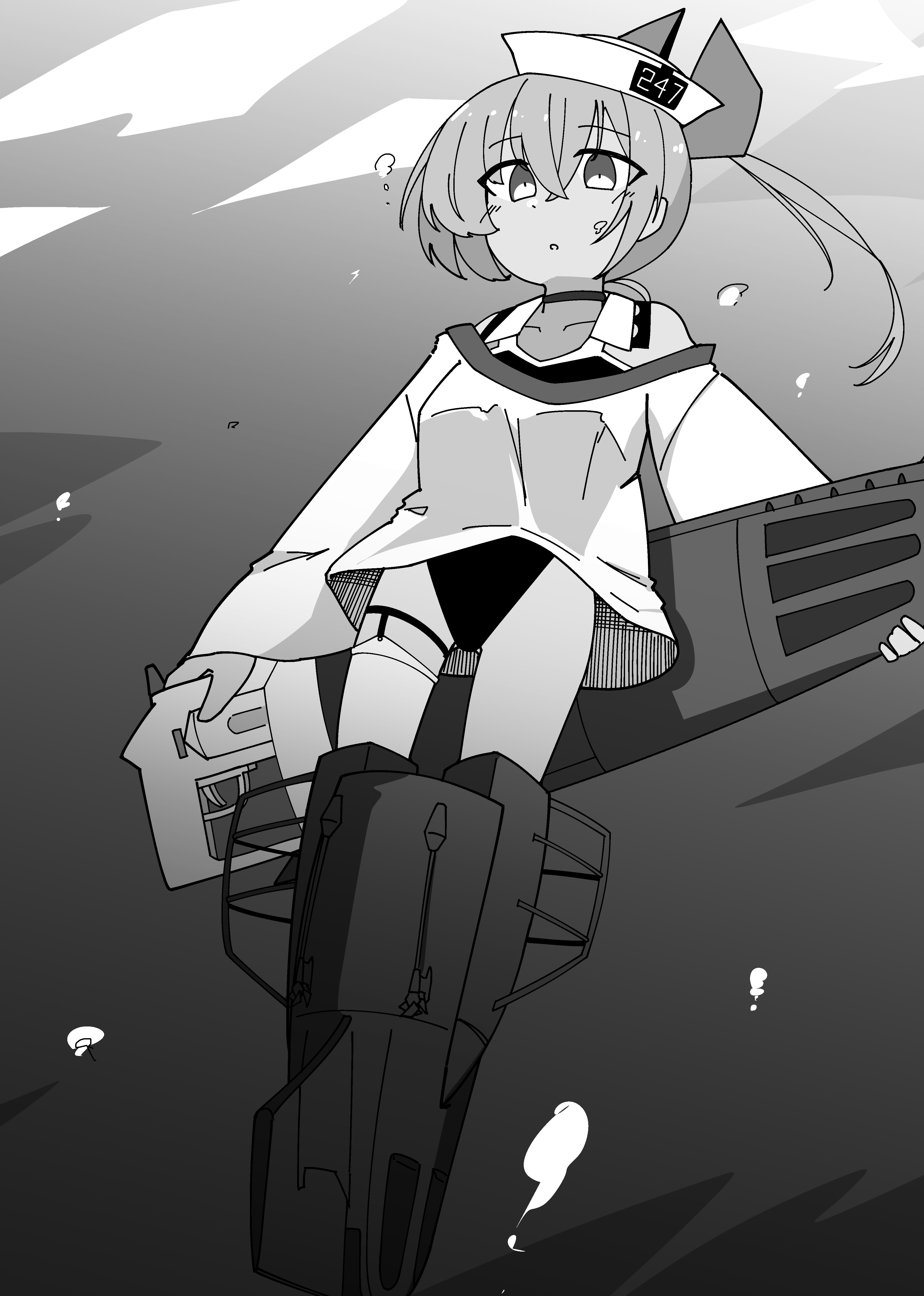 thrown (36974889), dace (kancolle), kantai collection, absurdres, commentary request, highres, 1girl, black one-piece swimsuit, dixie cup hat, full body, garter straps, grey background, grey eyes, grey hair, hat, headgear, military hat, one-piece swimsuit, rigging, shirt, side ponytail, single garter strap, single thighhigh, solo, swimsuit, swimsuit under clothes, thighhighs, torpedo launcher, two-tone one-piece swimsuit, underwater, white hat, white shirt, white thighhighs