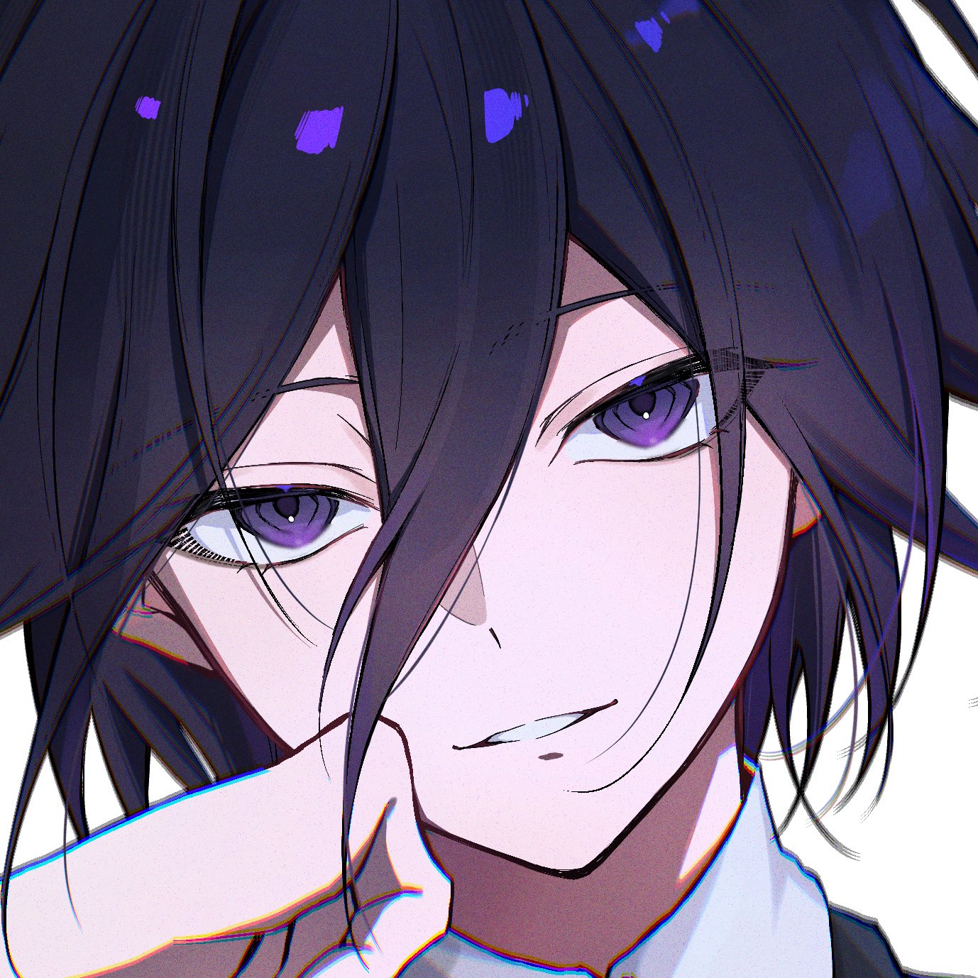 oma kokichi, danganronpa (series), danganronpa v3: killing harmony, commentary, highres, 1boy, bishounen, black hair, chromatic aberration, close-up, collared shirt, eyelashes, flipped hair, hair between eyes, hate zzz, looking at viewer, male focus, parted lips, portrait, purple eyes, purple hair, ringed eyes, shirt, short hair, smile, solo, teeth, white background