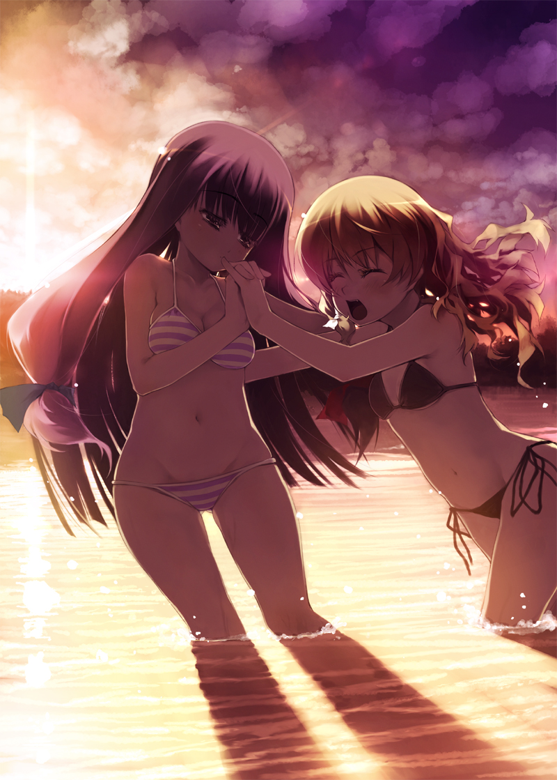 chinchickrin, kirisame marisa, patchouli knowledge, touhou, 2girls, backlighting, bikini, blonde hair, bow, female focus, hair bow, holding hands, long hair, lowleg, lowleg bikini, multiple girls, purple eyes, purple hair, shadow, short hair, side-tie bikini bottom, striped bikini, striped clothes, sunset, swimsuit, wading, water