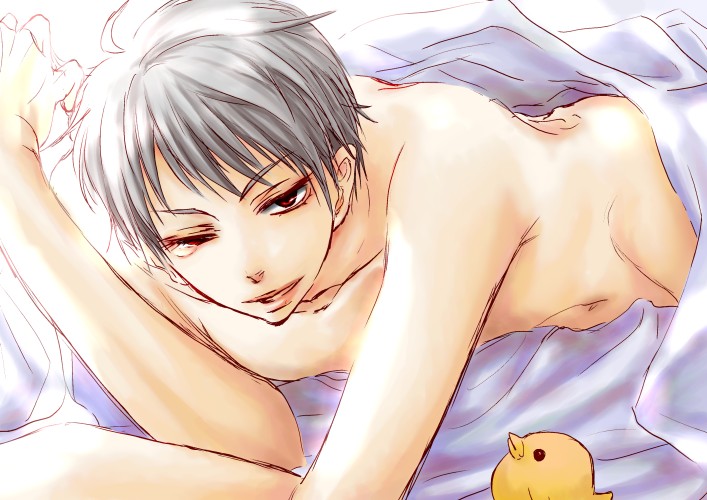 prussia (hetalia), axis powers hetalia, 00s, 1girl, albino, baby animal, bird, chick, female focus, lying, nude, one eye closed, red eyes, solo, white hair, wink