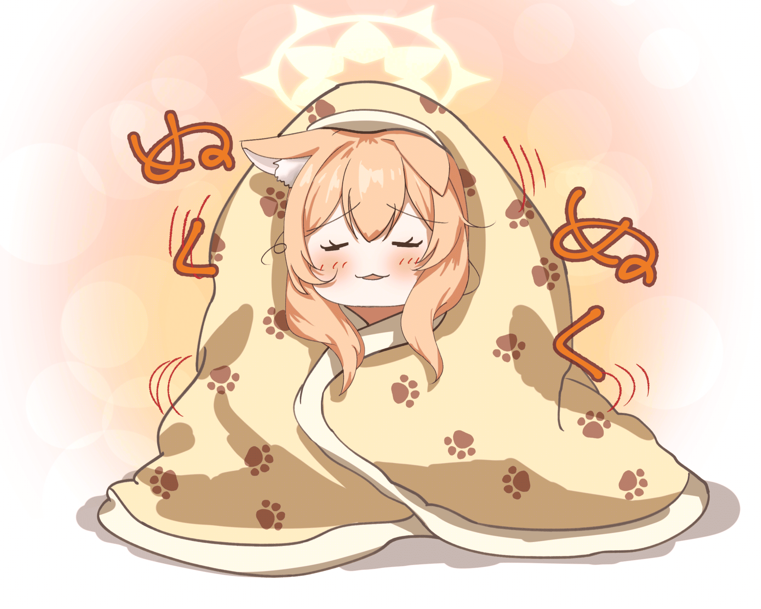 kotoringo2525, mari (blue archive), blue archive, commentary request, highres, 1girl, :3, animal ears, blanket, cat ears, closed eyes, double-parted bangs, gradient background, halo, long hair, orange background, orange hair, parted lips, paw print, paw print pattern, smile, solo, white background, wrapped in blanket, yellow halo