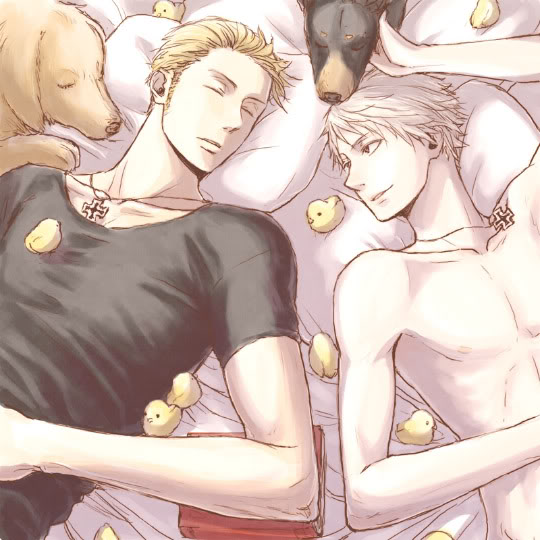 germany (hetalia), prussia (hetalia), axis powers hetalia, 00s, 2boys, baby animal, bird, chick, cross, dog, iron cross, lying, male focus, multiple boys, upper body