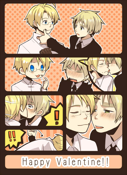 america (hetalia), united kingdom (hetalia), axis powers hetalia, !, 00s, 2boys, blonde hair, blue eyes, chocolate, comic, kiss, licking, male focus, multiple boys, shota, silent comic, surprised, yaoi