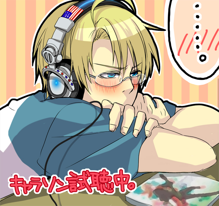 america (hetalia), axis powers hetalia, 00s, 1boy, blonde hair, headphones, male focus, raglan sleeves, short hair, solo