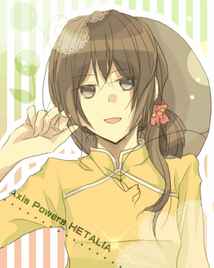 vietnam (hetalia), axis powers hetalia, 00s, 1girl, adjusting hair, brown eyes, brown hair, china dress, chinese clothes, dress, female focus, flower, hair flower, hair ornament, hat, long hair, shirt, solo, yellow shirt