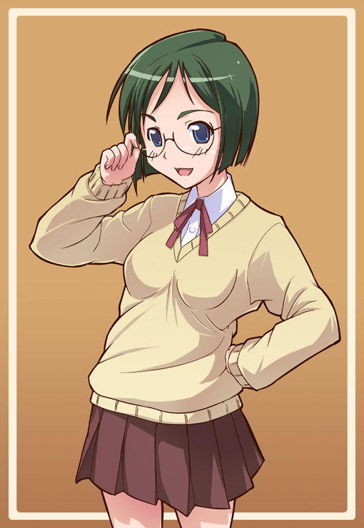 e20, 1girl, blue eyes, bob cut, breasts, female focus, glasses, green hair, medium breasts, necktie, school uniform, short hair, skirt, solo, vest