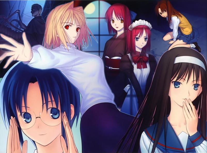 koyama hirokazu, arcueid brunestud, chaos, ciel (tsukihime), hisui (tsukihime), kohaku (tsukihime), nrvnqsr chaos, tohno akiha, yumizuka satsuki, tsukihime, type-moon, 00s, 1boy, 6+girls, black hair, blonde hair, blue eyes, blue hair, brown hair, glasses, headband, maid, multiple girls, purple skirt, red eyes, red hair, school uniform, siblings, sisters, skirt, sweater, twins, yellow eyes