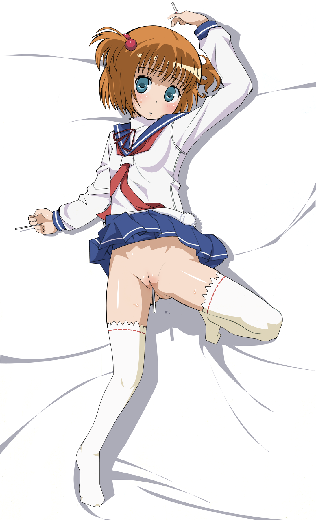 ushisuke, kataoka yuuki, saki (manga), bad id, bad pixiv id, highres, 00s, 1girl, female focus, kiyosumi school uniform, loli, lying, no panties, object insertion, pussy, school uniform, serafuku, solo, thighhighs, two side up