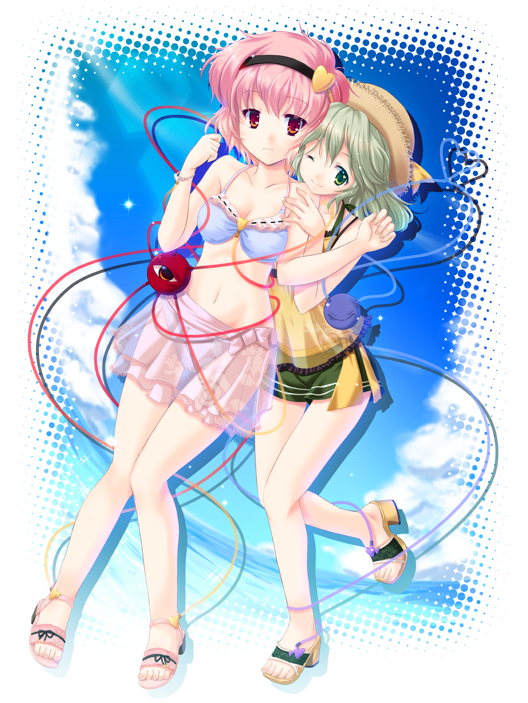 cetera, komeiji koishi, komeiji satori, touhou, absurdres, highres, 2girls, female focus, green eyes, green hair, hairband, hat, heart, heart of string, midriff, multiple girls, navel, pink hair, red eyes, sandals, short hair, siblings, sisters, straw hat