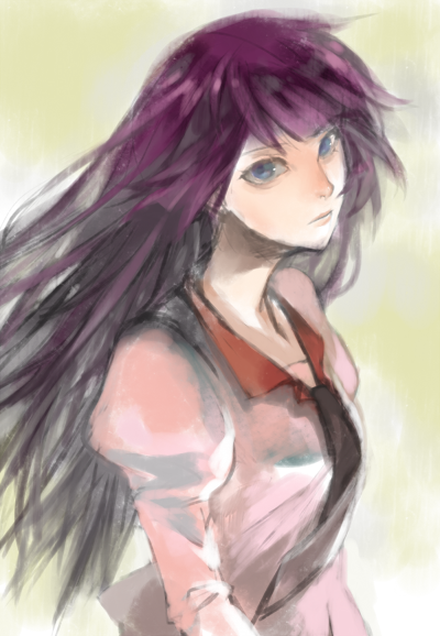 tonko, senjougahara hitagi, bakemonogatari, monogatari (series), traditional media, 00s, blue eyes, long hair, necktie, purple hair, school uniform, solo