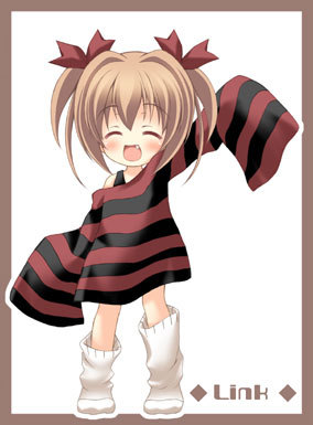 link (artist), striped, lowres, ^ ^, blush, brown hair, child, closed eyes, fang, happy, long hair, long sleeves, loose socks, oversized clothes, oversized shirt, ribbon, shirt, short twintails, socks, strapless, twintails, undershirt