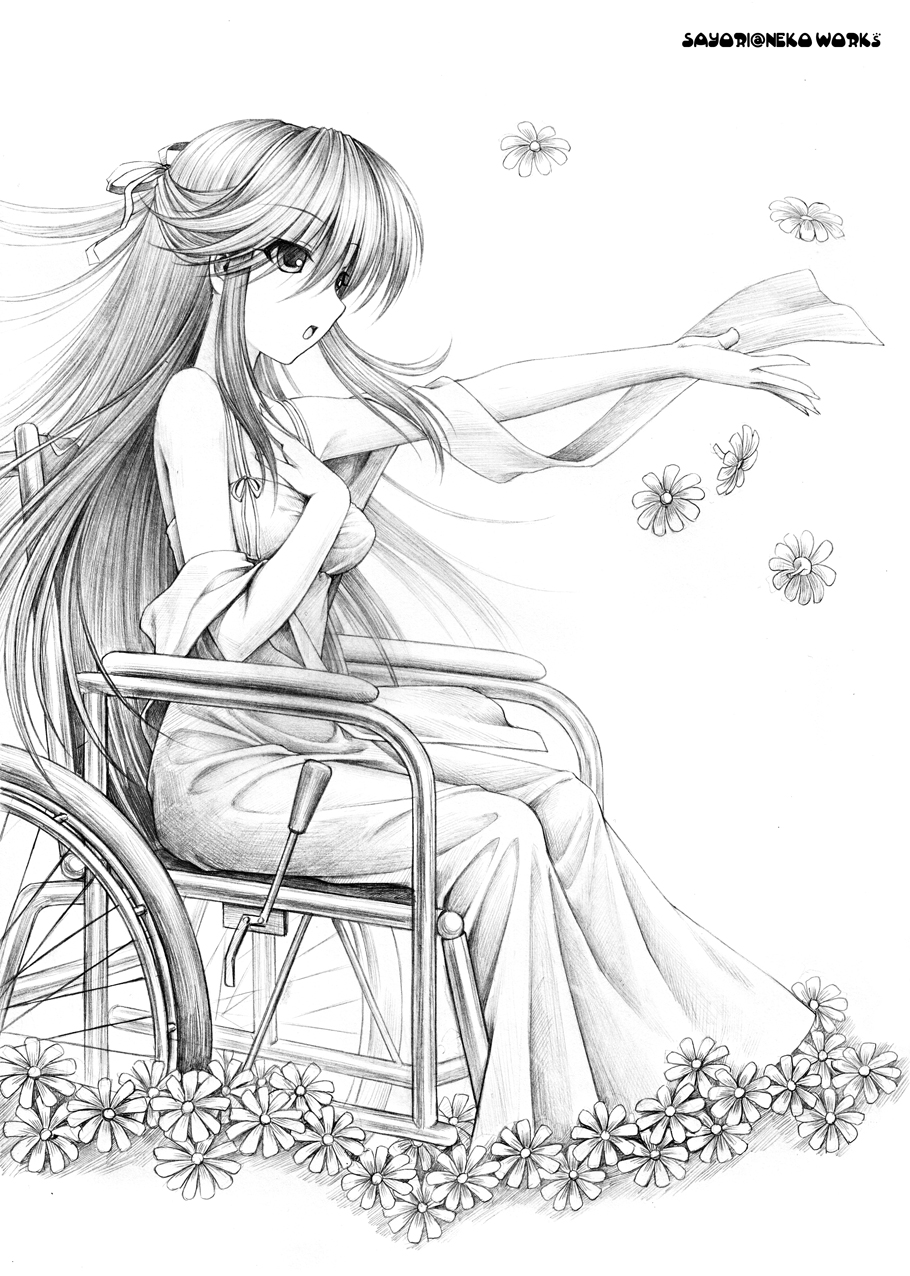 sayori (neko works), highres, 1girl, dress, female focus, flower, greyscale, hair ribbon, long hair, monochrome, ribbon, sketch, solo, wheelchair