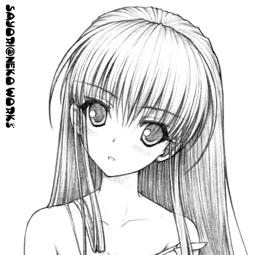 sayori (neko works), tagme, 1girl, female focus, greyscale, long hair, monochrome, sketch, solo