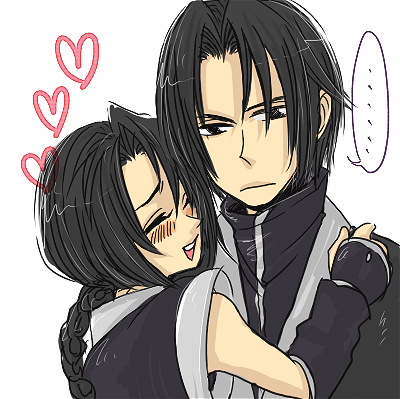 makimachi misao, shinomori aoshi, rurouni kenshin, lowres, 1boy, 1girl, blush, braid, couple, gloves, heart, hetero, hug, long hair, ninja, oekaki