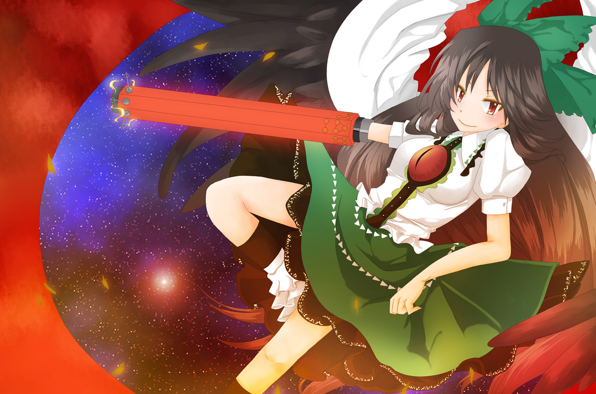 nishino miyuki, reiuji utsuho, touhou, bad id, bad pixiv id, 1girl, arm cannon, black hair, breasts, female focus, long hair, red eyes, skirt, solo, weapon, wings
