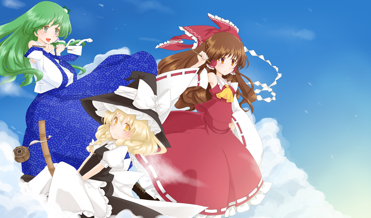 nishino miyuki, hakurei reimu, kirisame marisa, kochiya sanae, touhou, bad id, bad pixiv id, 3girls, blonde hair, bow, braid, broom, broom riding, brown hair, cloud, detached sleeves, female focus, frog, gohei, green hair, hair bow, hair ornament, hat, japanese clothes, long hair, miko, mini-hakkero, multiple girls, short hair, sky, snake, witch, witch hat, yellow eyes