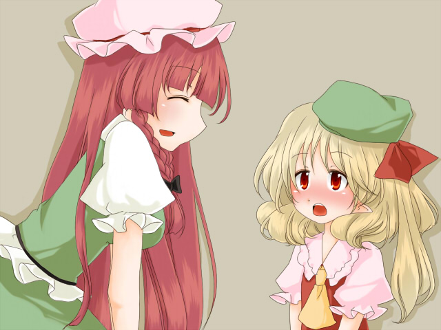 nishino miyuki, flandre scarlet, hong meiling, embodiment of scarlet devil, touhou, bad id, bad pixiv id, 2girls, blonde hair, blush, braid, closed eyes, female focus, hat, headwear switch, long hair, multiple girls, red eyes, red hair, simple background, skirt, upper body