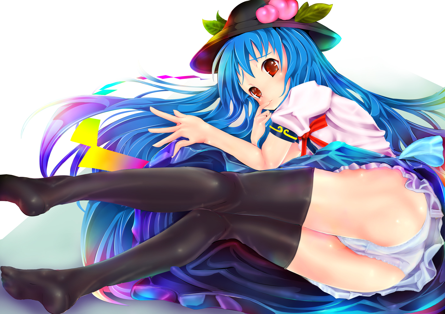teruru, hinanawi tenshi, touhou, 1girl, ass, black thighhighs, blue hair, female focus, food, fruit, hat, legs, long hair, panties, peach, red eyes, skirt, solo, thighhighs, underwear, very long hair, white background