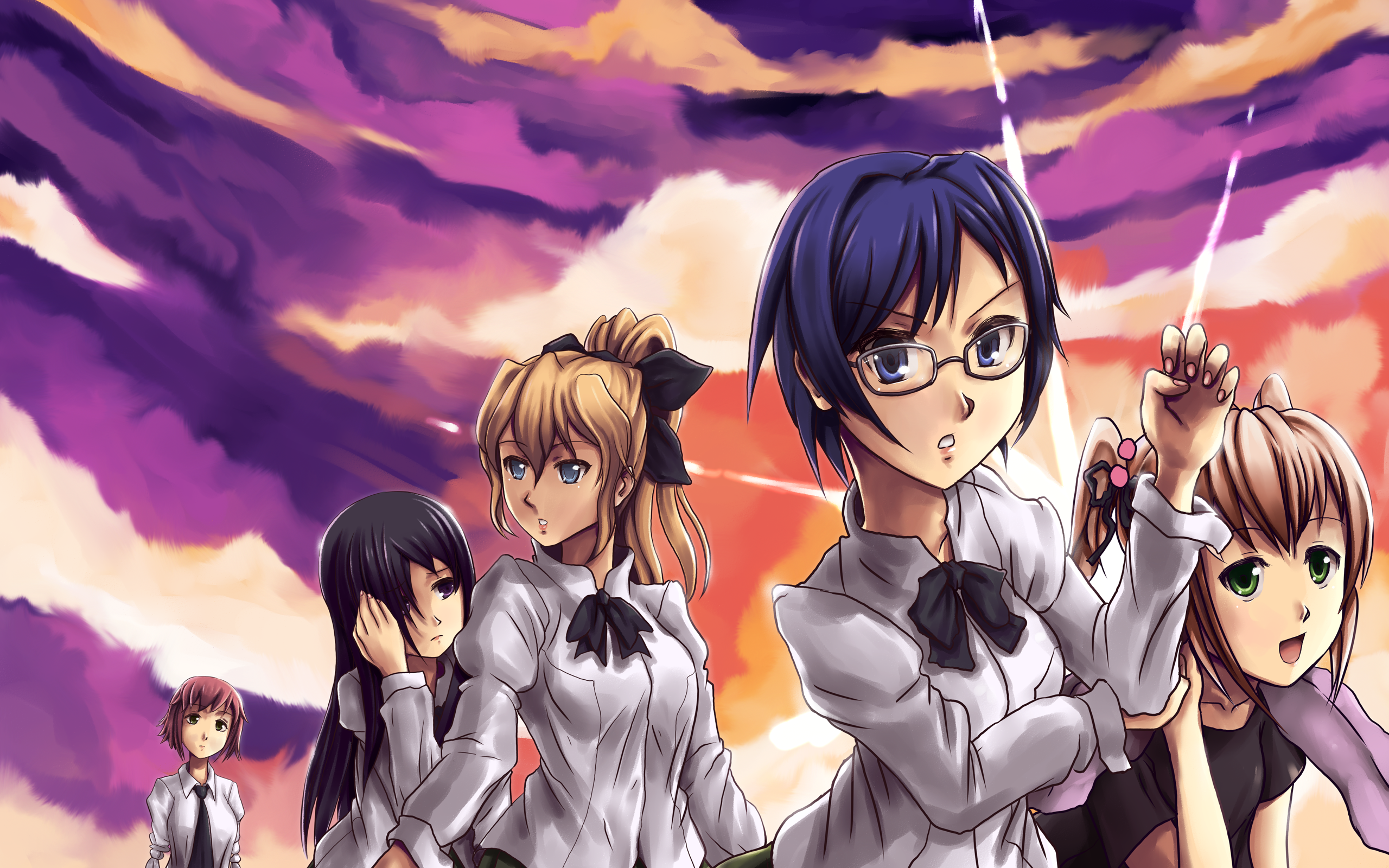 hakamichi shizune, ibarazaki emi, satou lilly, tezuka rin, katawa shoujo, highres, 10s, 5girls, black hair, blind, blonde hair, blue eyes, blue hair, glasses, green eyes, multiple girls, ponytail, purple eyes, red hair, school uniform, twintails