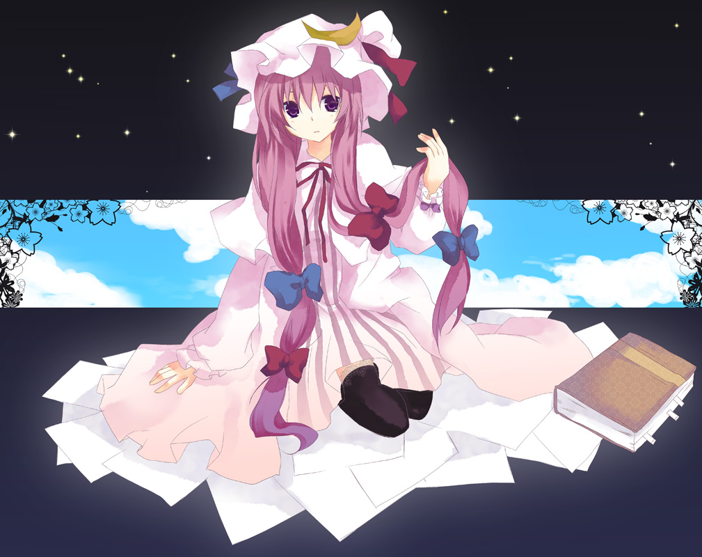 akarino, akarino (yucco), patchouli knowledge, touhou, 1girl, book, cloud, female focus, flower, full body, hat, long hair, outdoors, paper, plant, purple eyes, purple hair, sitting, sky, solo, thighhighs