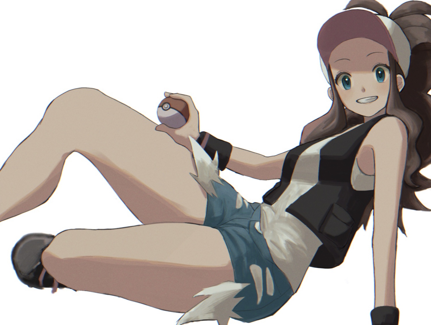 hilda (pokemon), nintendo, pokemon, pokemon bw, artist request, 1girl, bare arms, bare legs, black vest, blue eyes, blue shorts, breasts, brown hair, exposed pocket, eyelashes, hat, high ponytail, holding, holding poke ball, knees, long hair, looking at viewer, open clothes, open vest, poke ball, poke ball (basic), ponytail, shirt, shorts, sidelocks, sitting, sleeveless, sleeveless shirt, solo, vest, white background, wide hips, wristband