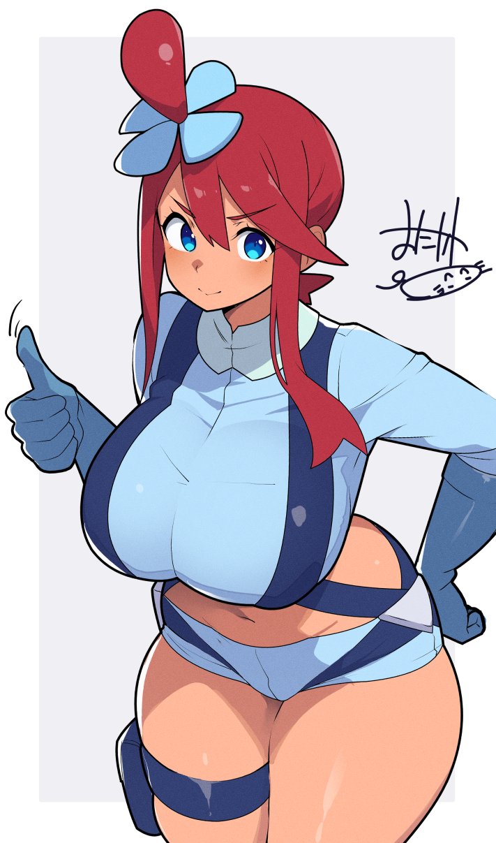 mituyota 76, skyla (pokemon), nintendo, pokemon, pokemon bw, commentary request, highres, 1girl, blue eyes, blue gloves, blue shorts, border, breasts, crop top, curvy, gloves, hair ornament, hand on own hip, large breasts, long hair, looking at viewer, midriff, navel, pouch, red hair, short hair with long locks, shorts, sidelocks, signature, smile, solo, thigh strap, thumbs up, white background, white border