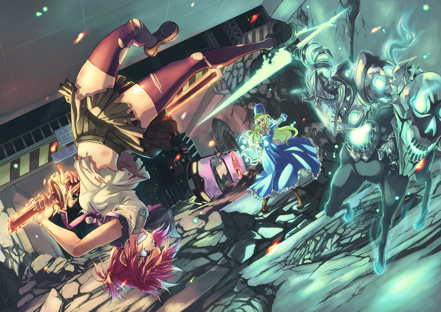 ponzu (catponz), original, 2girls, armor, battle, car, dress, grin, legs, motor vehicle, multiple girls, necktie, police, police car, red hair, skirt, smile, sword, thighhighs, torn clothes, upside-down, weapon, zettai ryouiki