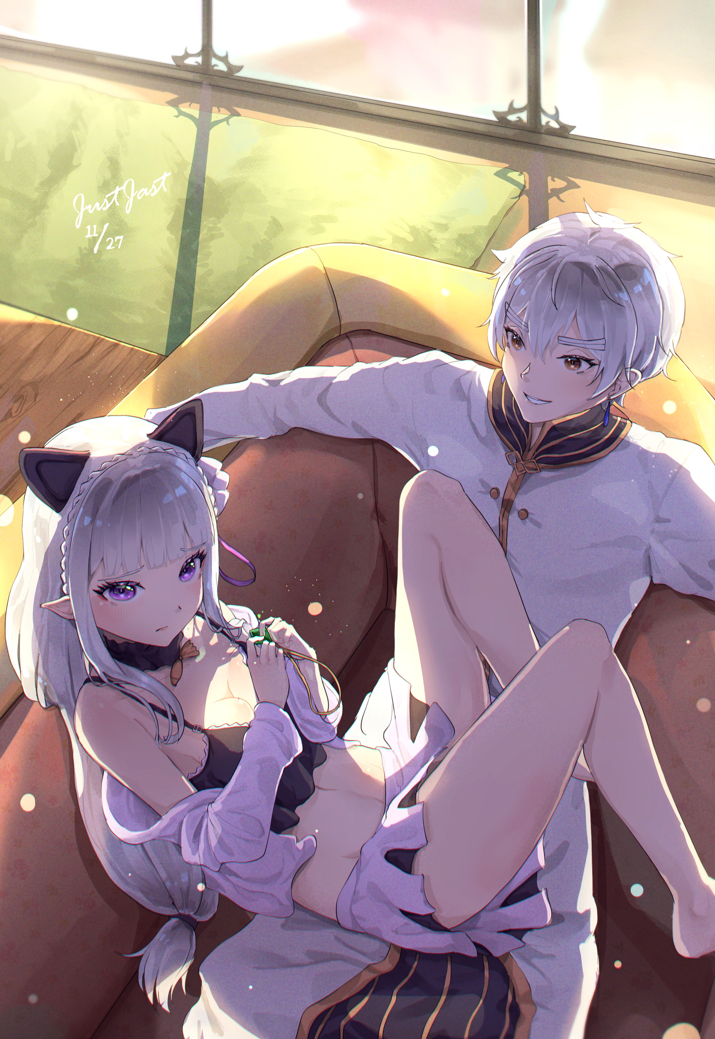 justjast, emilia (re:zero), regulus corneas, re:zero kara hajimeru isekai seikatsu, absurdres, commentary request, highres, 1boy, 1girl, alternate costume, animal ears, barefoot, black bra, black collar, blush, bra, braid, breasts, brown eyes, cardigan, cardigan partially removed, cat ears, cleavage, closed mouth, collar, couch, crown braid, dated, detached collar, dress, earrings, elf, fake animal ears, feet out of frame, flower, girl on top, grey cardigan, grey hair, grey skirt, grin, hair flower, hair ornament, hair ribbon, hetero, holding, holding jewelry, holding necklace, indoors, jewelry, long hair, long sleeves, looking at another, low-tied long hair, medium breasts, miniskirt, necklace, on couch, open cardigan, open clothes, pleated skirt, pointy ears, purple eyes, purple ribbon, ribbon, short hair, signature, sitting, sitting on lap, sitting on person, skirt, smile, sunlight, teardrop earrings, thighs, underwear, white dress
