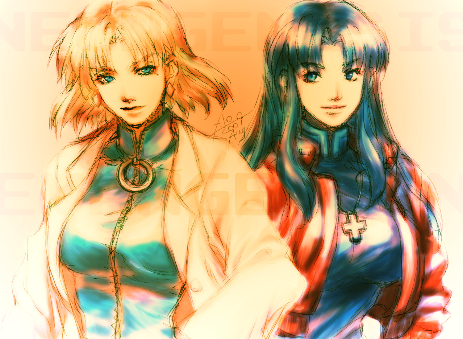 yukifune, akagi ritsuko, katsuragi misato, neon genesis evangelion, bad id, bad pixiv id, 2girls, black hair, blonde hair, blue eyes, long hair, mole, mole under eye, multiple girls, short hair, sketch