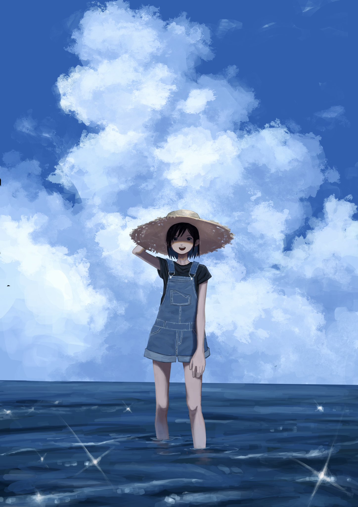 wabuchi, original, hashtag-only commentary, highres, 1girl, black hair, black shirt, blue sky, cloud, day, denim, hand on headwear, hat, horizon, ocean, open mouth, outdoors, overall shorts, overalls, shirt, short sleeves, sky, solo, straw hat, wading, water