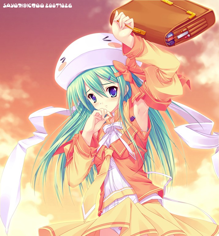 icqoo, sayori (neko works), 1girl, aqua hair, armpits, bag, blue eyes, bow, bow panties, detached sleeves, female focus, green hair, hair bow, hair ornament, hairclip, hat, long hair, necktie, panties, pantyshot, school bag, skirt, solo, underwear, upskirt