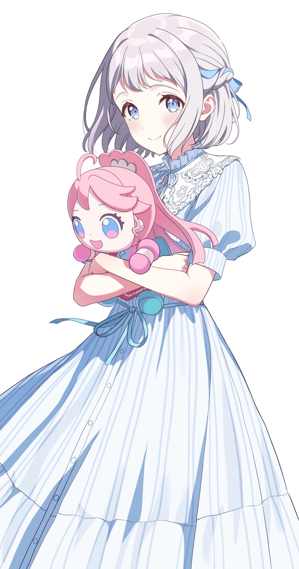 kitano yukito, katsuragi lilja, gakuen idolmaster, idolmaster, character request, commentary, highres, 1girl, blush, buttons, closed mouth, doll, dress, feet out of frame, grey eyes, grey hair, holding, holding doll, looking at viewer, short hair, short sleeves, simple background, smile, standing, striped clothes, striped dress, vertical-striped clothes, vertical-striped dress, white background, white dress