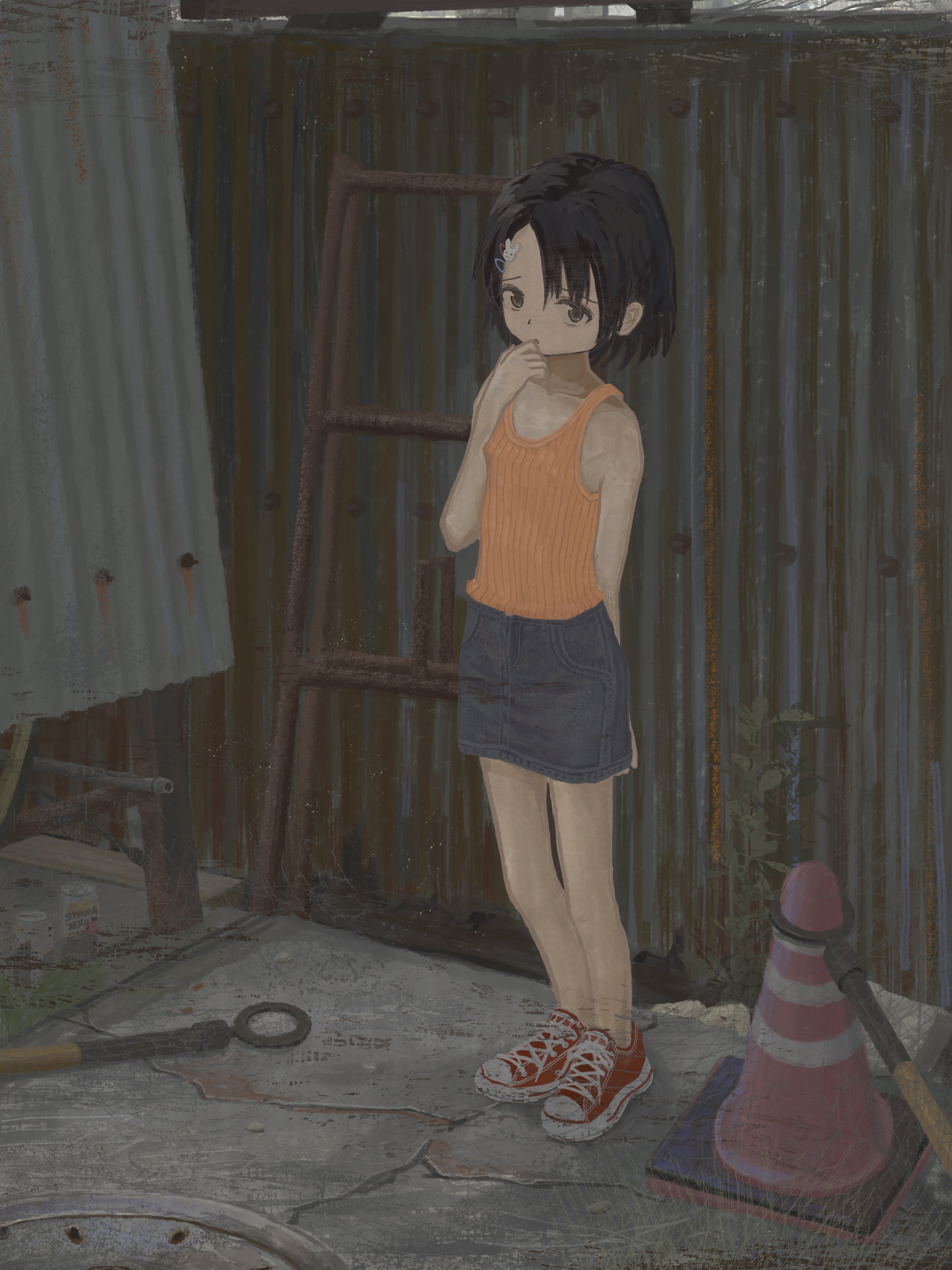 mani tamlyn, sasaki chie, converse, idolmaster, idolmaster cinderella girls, absurdres, commentary request, highres, 1girl, black hair, camisole, concrete, full body, hair ornament, hairclip, hand to own mouth, orange camisole, rabbit hair ornament, red shoes, ribbed camisole, shoes, short hair, skirt, solo, standing, traffic cone