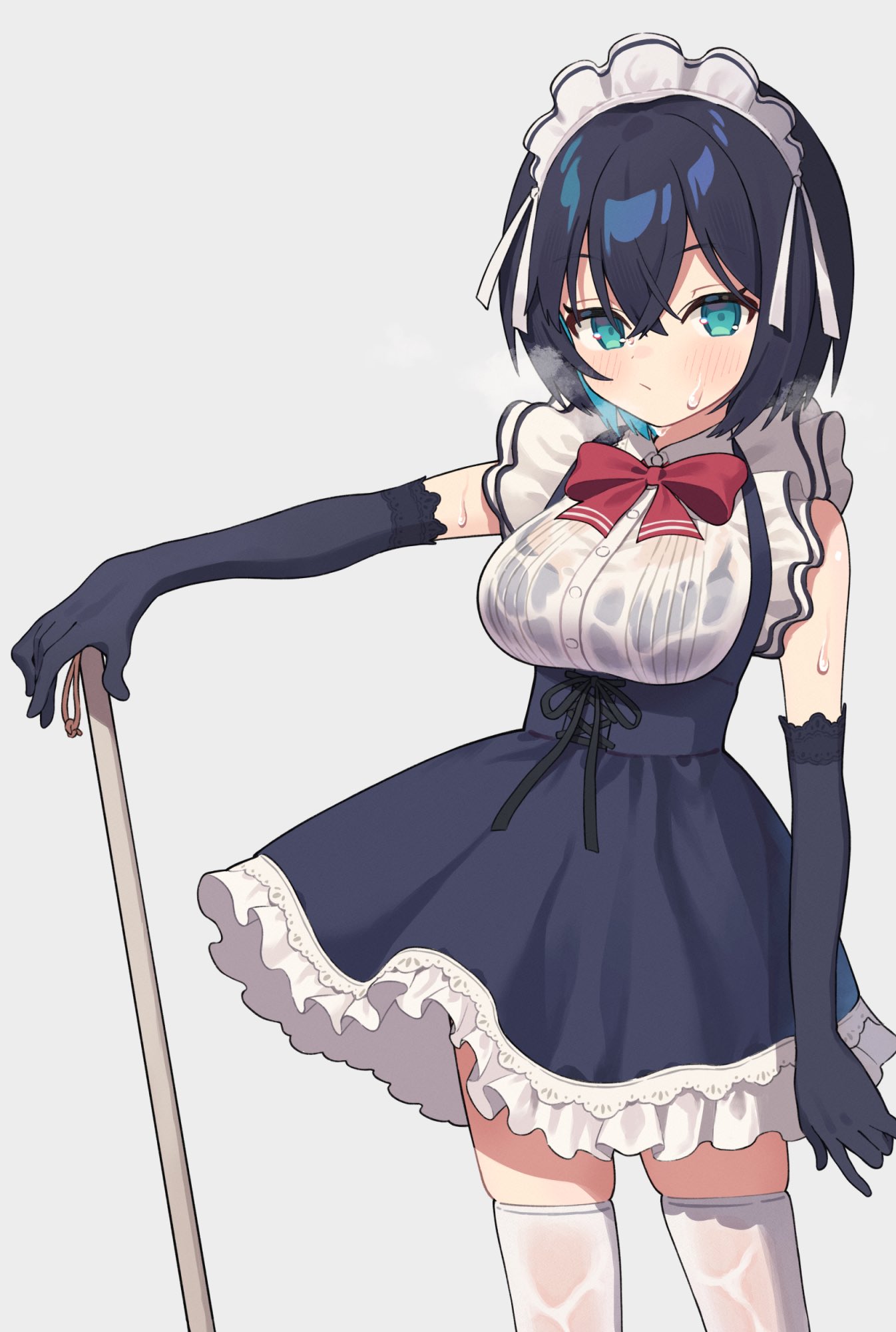 nirareba, original, commentary request, highres, 1girl, black bra, black gloves, black hair, black skirt, blue hair, blush, bow, bra, bra visible through clothes, breasts, closed mouth, collared shirt, dress shirt, elbow gloves, frilled skirt, frills, gloves, green eyes, grey background, hair between eyes, high-waist skirt, large breasts, looking at viewer, maid, maid headdress, multicolored hair, red bow, see-through clothes, see-through shirt, shirt, simple background, skindentation, skirt, sleeveless, sleeveless shirt, solo, standing, thighhighs, two-tone hair, underwear, wet, wet clothes, wet shirt, white shirt, white thighhighs