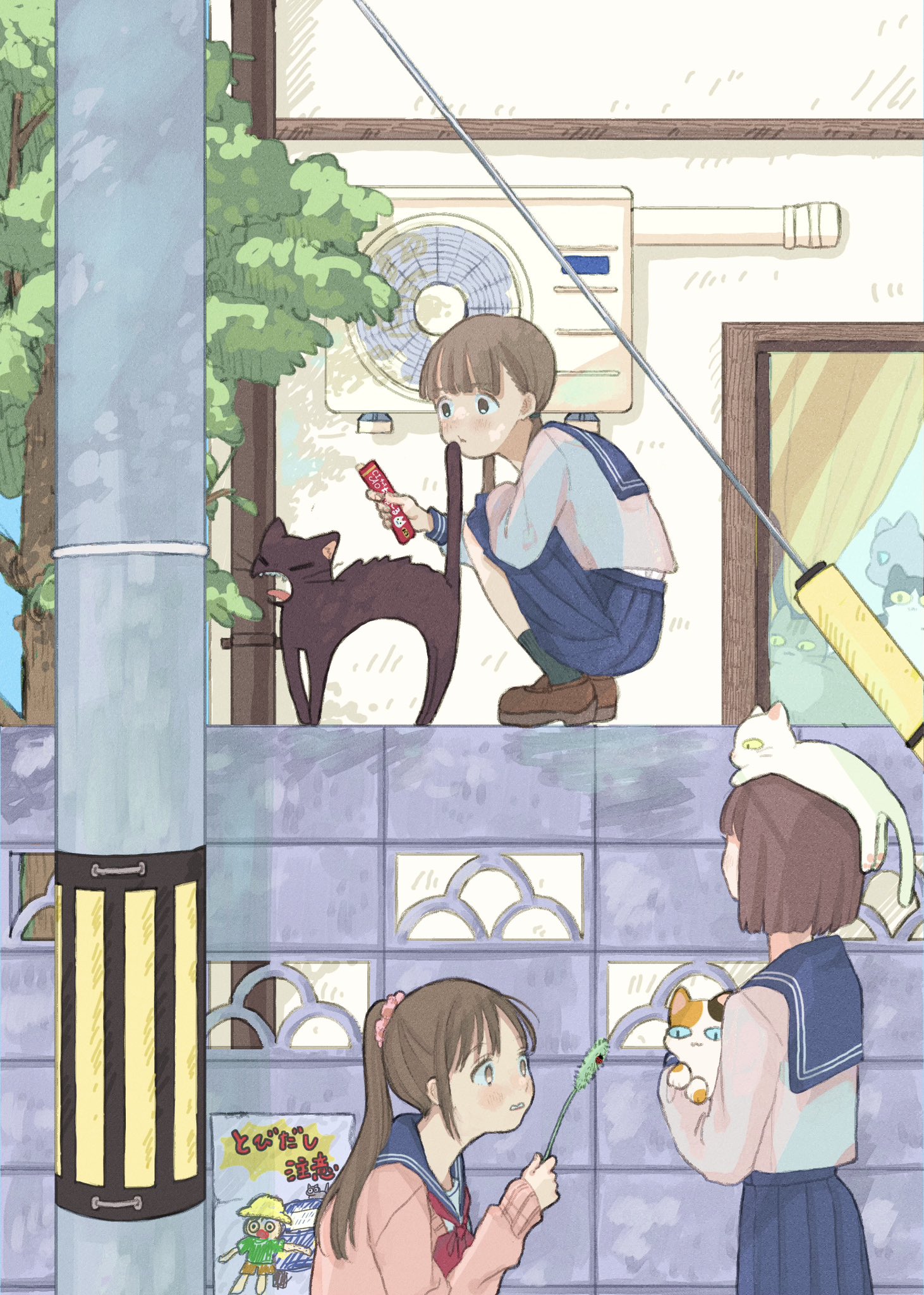 original, hashtag-only commentary, highres, 3girls, animal, animal on head, blue sailor collar, blue skirt, brown hair, brown shoes, cardigan, cat, cat on head, cat teaser, condenser unit, holding, holding animal, holding cat, holding cat teaser, long sleeves, multiple girls, neckerchief, on head, outdoors, pink cardigan, pleated skirt, ponytail, red neckerchief, sailor collar, school uniform, serafuku, shoes, skirt, squatting, tree, twintails, utility pole, wa mu ta, window, yawning