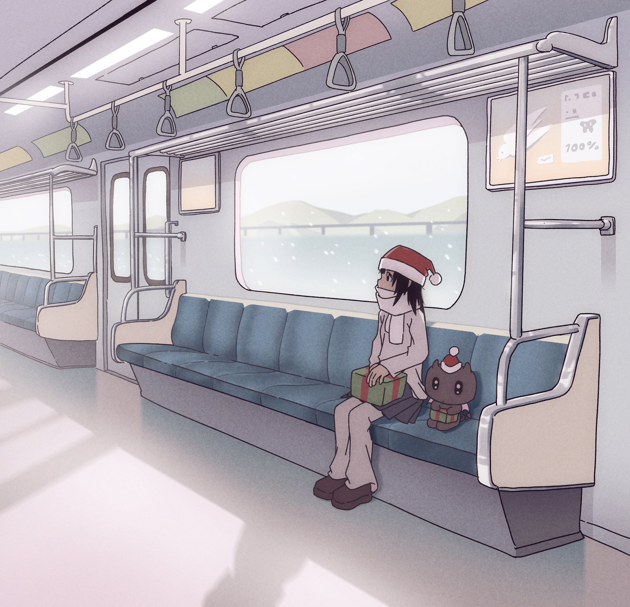 icecream juba, original, commentary request, highres, korean commentary, 1girl, black hair, box, christmas, demon, gift, gift box, hand grip, hat, medium hair, pants, pants under skirt, pleated skirt, santa hat, scarf, scarf over mouth, shadow, shoes, sitting, skirt, snow, train interior, white scarf