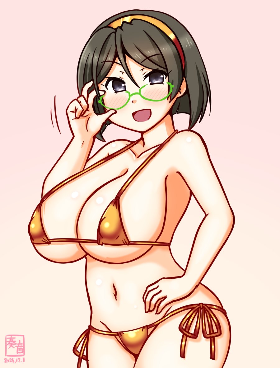 kanon (kurogane knights), kirishima (kancolle), kantai collection, commentary request, 1girl, adjusting eyewear, alternate costume, artist logo, bare shoulders, bikini, black hair, blush, breasts, covered erect nipples, cowboy shot, dated, glasses, gold bikini, gradient background, green-framed eyewear, hairband, large breasts, logo, looking at viewer, pink background, short hair, smile, solo, swimsuit