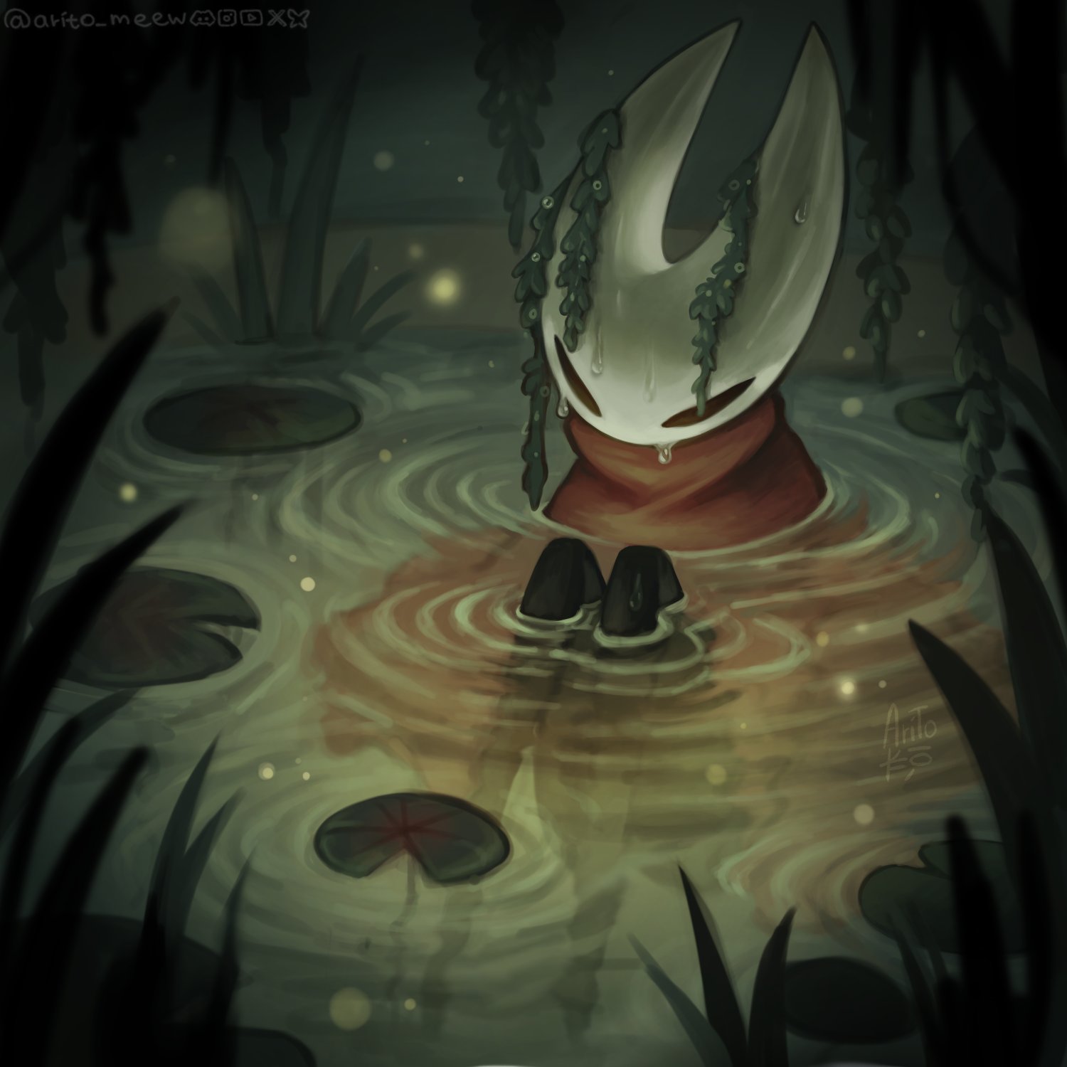 hornet (hollow knight), hollow knight, hollow knight: silksong, commentary, highres, symbol-only commentary, 1girl, arito meew, arthropod girl, black eyes, black skin, cloak, colored skin, grass, hollow eyes, horned mask, in water, lily pad, mask, plant, plant on head, red cloak, sitting, solo, twitter username, vines, wet, wetland, white mask