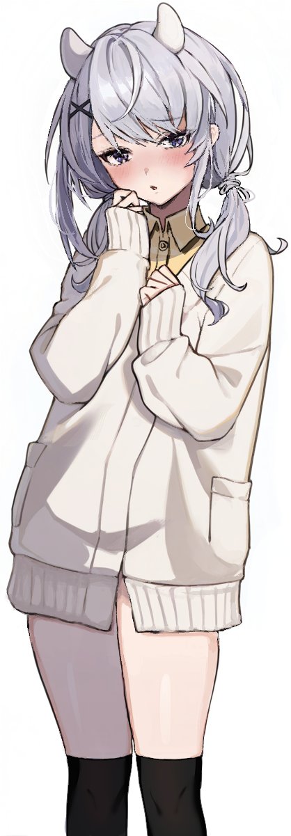 neju, i-201 (kancolle), kantai collection, commentary, highres, 1girl, alternate costume, black socks, collared shirt, fake horns, feet out of frame, grey eyes, grey hair, hair ornament, headgear, horned headwear, horns, long hair, looking at viewer, shirt, simple background, socks, solo, sweater, thighs, white background, white sweater, x hair ornament, yellow shirt