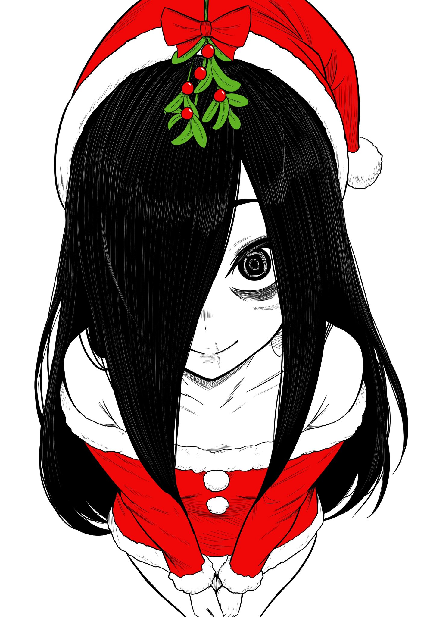 lughost, yamamura sadako, the ring, commentary, commission, english commentary, highres, second-party source, 1girl, bags under eyes, black hair, breasts, christmas, dress, fur trim, ghost girl, hair over one eye, hat, long hair, looking at viewer, mistletoe, red hat, santa costume, santa dress, santa hat, scar, scar on face, simple background, smile, solo, very long hair, white background