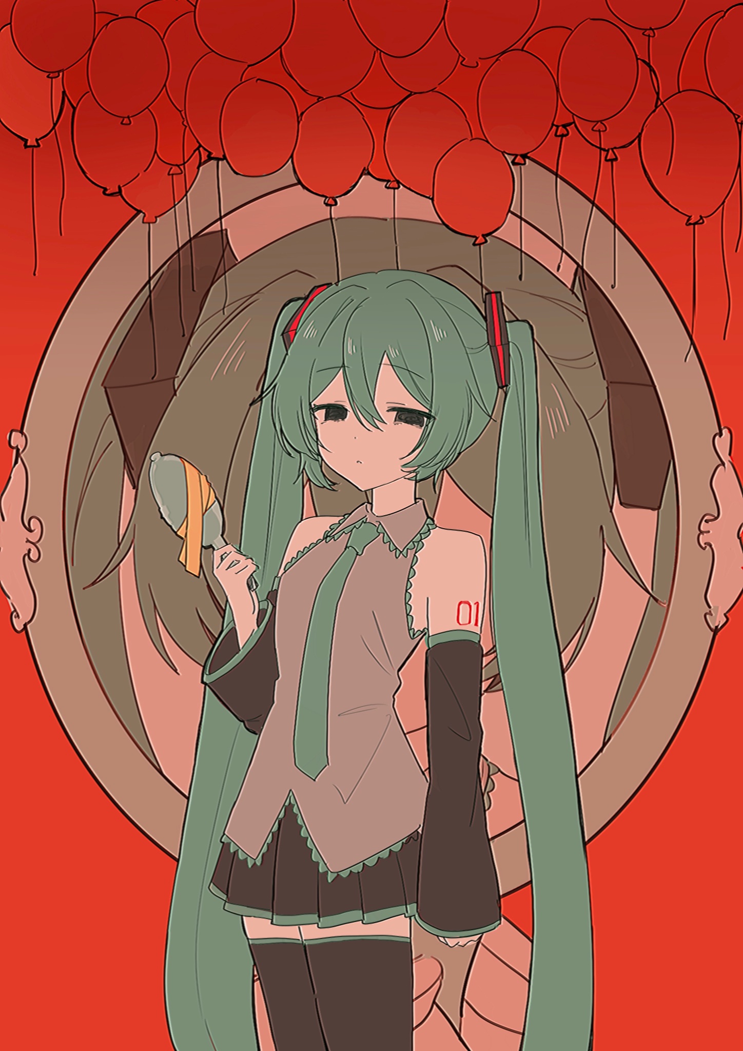 yukia 1128, hatsune miku, apricot (vocaloid), vocaloid, commentary request, highres, 1girl, aqua hair, aqua necktie, aqua shirt, arm tattoo, balloon, black eyes, black skirt, black thighhighs, closed mouth, collared shirt, detached sleeves, dot mouth, expressionless, hair between eyes, hair ornament, hand up, holding, holding mirror, long hair, mirror, necktie, number tattoo, pleated skirt, red background, shirt, skirt, sleeveless, sleeveless shirt, solo, tattoo, thighhighs, twintails, very long hair, zettai ryouiki
