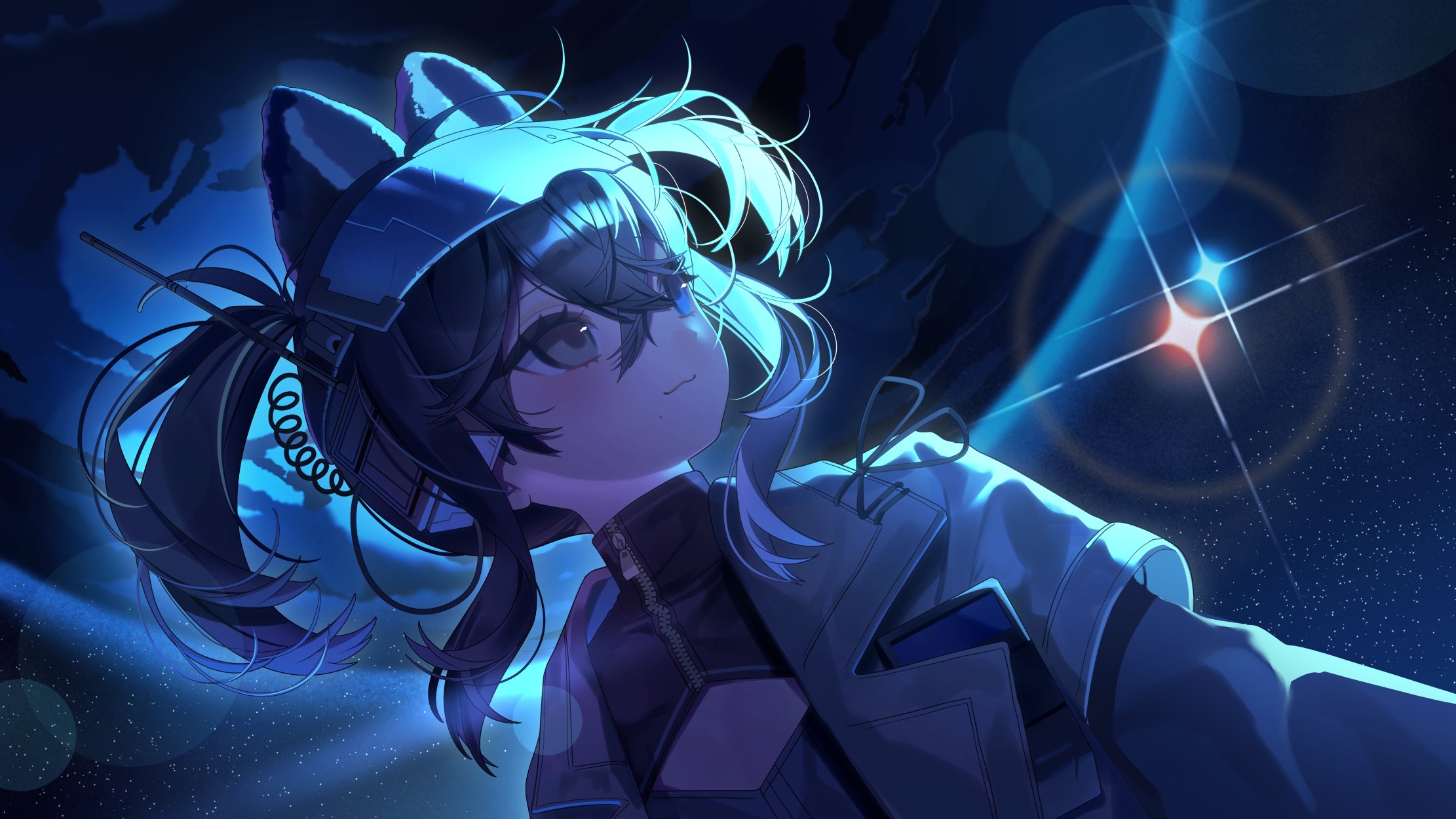 0 o s k, original, commentary request, highres, korean commentary, 1girl, :3, animal ears, black hair, black shirt, blue hat, brown eyes, cat ears, cat girl, closed mouth, crossed bangs, hair between eyes, hat, jacket, looking to the side, medium hair, open clothes, open jacket, outdoors, shirt, sky, smile, solo, space, sparkle, star (sky), starry sky, upper body, visor cap, white jacket, zipper