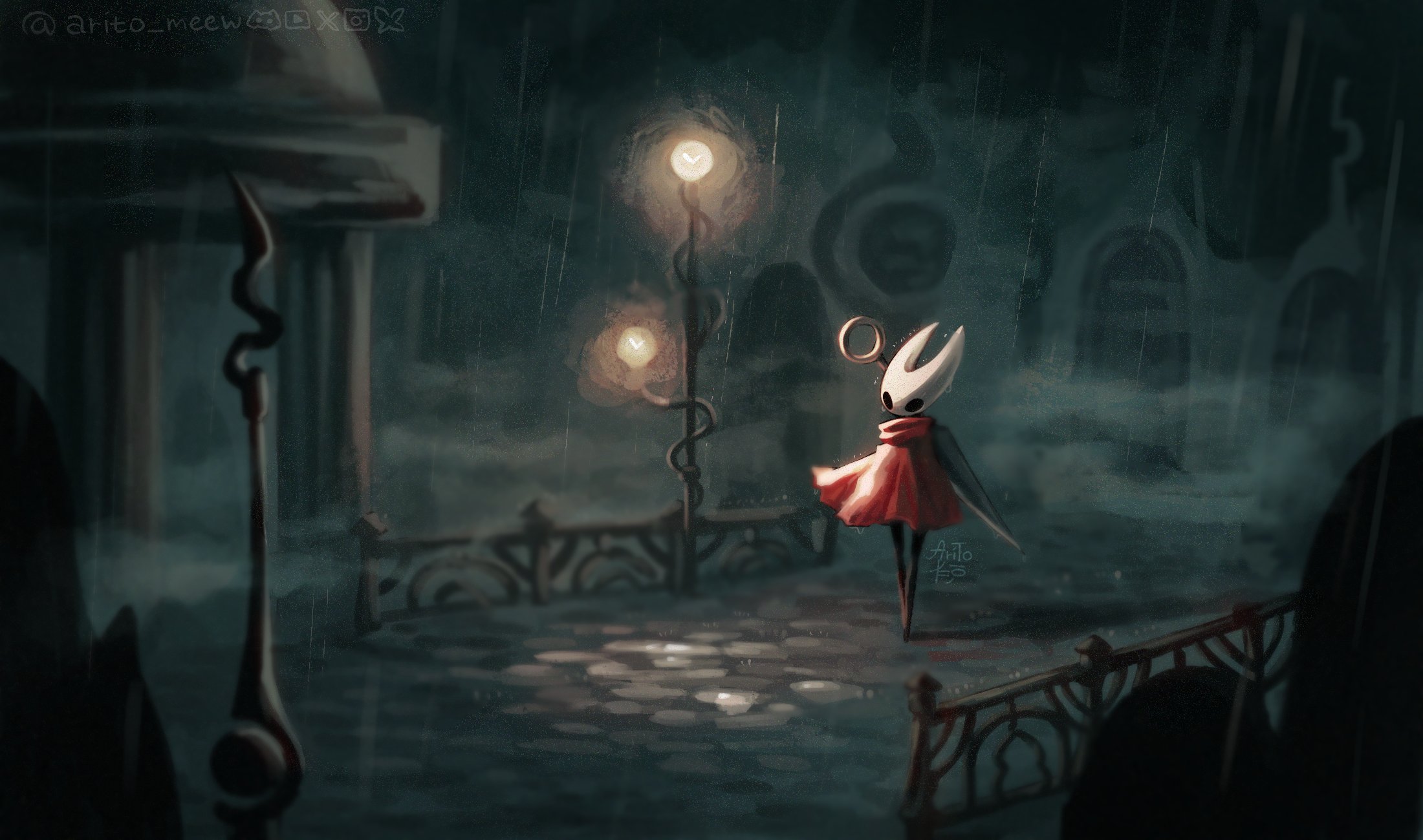 hornet (hollow knight), hollow knight, hollow knight: silksong, hashtag-only commentary, highres, 1girl, arito meew, arthropod girl, black eyes, black skin, bug, butterfly, cloak, colored skin, dark, full body, hollow eyes, horned mask, horns, insect, lamppost, mask, needle (hollow knight), night, red cloak, signature, solo, twitter username, walking, weapon, weapon on back, white mask