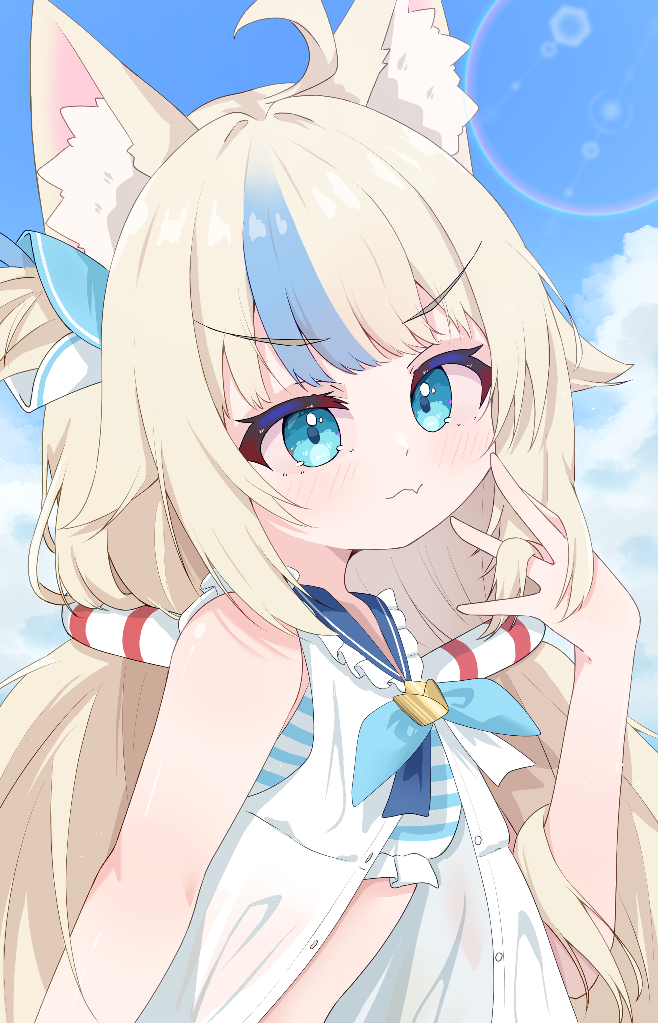 sameko saba, indie virtual youtuber, absurdres, commentary request, highres, 1girl, animal ear fluff, animal ears, bikini, bikini under clothes, blonde hair, blue bikini, blue eyes, blue sailor collar, blue streaks, blunt bangs, dress, fang, frilled bikini, frilled sailor collar, frills, hair flaps, lifebuoy hair ornament, light blush, long hair, multicolored hair, nishikigishuika, one side up, open clothes, open dress, playing with own hair, sailor collar, sailor dress, skin fang, solo, streaked hair, striped bikini, striped clothes, swimsuit, very long hair, virtual youtuber