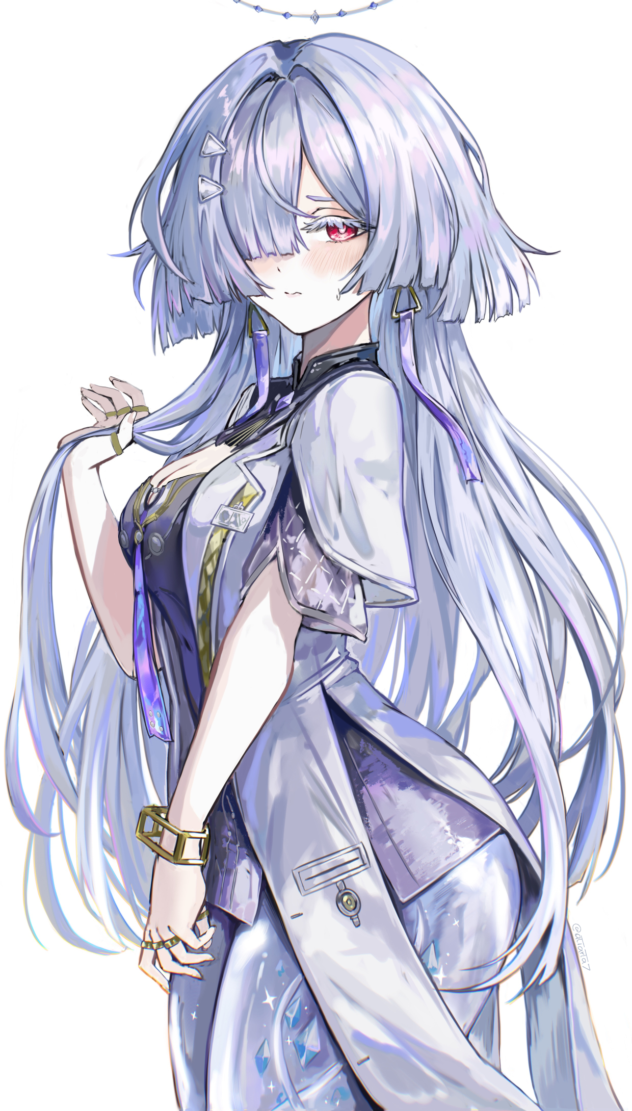 atiarta7, mornye (wuthering waves), wuthering waves, commentary, hashtag-only commentary, highres, 1girl, blush, bracelet, breasts, cleavage, closed mouth, colored eyelashes, cowboy shot, earrings, grey hair, hair ornament, hair over one eye, halo, hand up, jacket, jewelry, long hair, looking at viewer, medium breasts, multiple rings, red eyes, ring, short sleeves, simple background, solo, triangle earrings, twitter username, very long hair, white background, white jacket