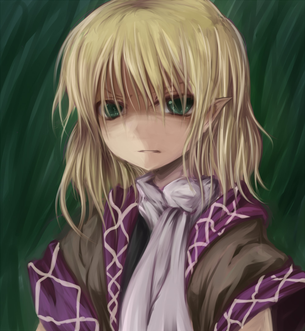 shimo (depthbomb), mizuhashi parsee, touhou, 1girl, blonde hair, female focus, green eyes, pointy ears, scarf, solo, upper body
